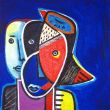 Twee gezichten met vogel (40x40cm) 400 Euro